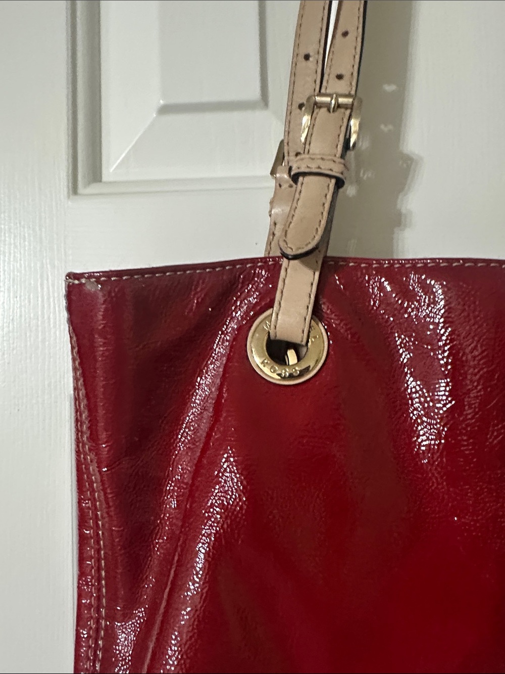 Michael Kors Glossy Red Tote with Beige Straps - Picture 3 of 6